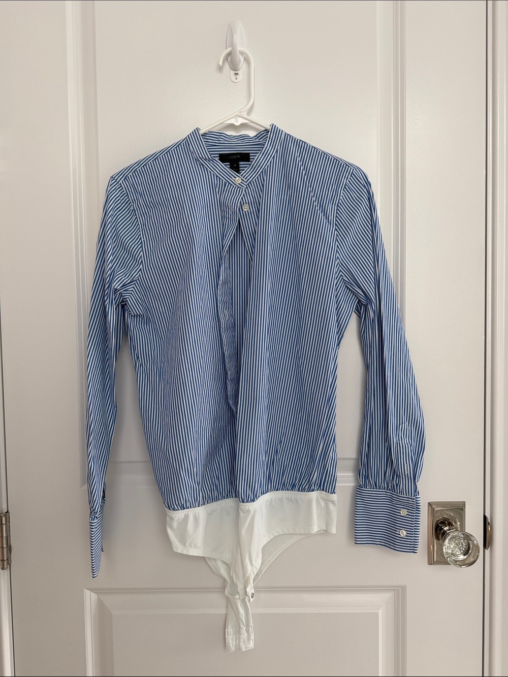 J. Crew Blue and White Striped Button-Down Bodysuit Shirt